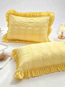 2 piezas/Set Fundas de almohada con rayas finas, ribete de encaje fruncido, diseño de patrón a cuadros, tacto suave y cómodo, perfecto para el cuidado del cabello y la piel. Diseño de cierre de sobre (Insertos de almohada no incluidos) - Amarillo - Ver 4