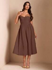 Elegante vestido largo sin mangas con manga abultada para mujer, adecuado para citas diarias, salidas, discotecas, fiestas, temporada de otoño - Marrón - Ver 4