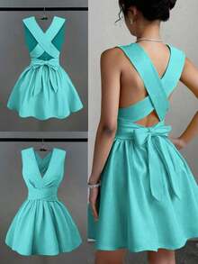 Vestido corto de verano con escote en V, sin mangas, cruzado y con diseño versátil para bodas, fiestas, playa y eventos, con bolsillos y espalda descubierta, en color amarillo mantequilla - verde menta - Ver 5