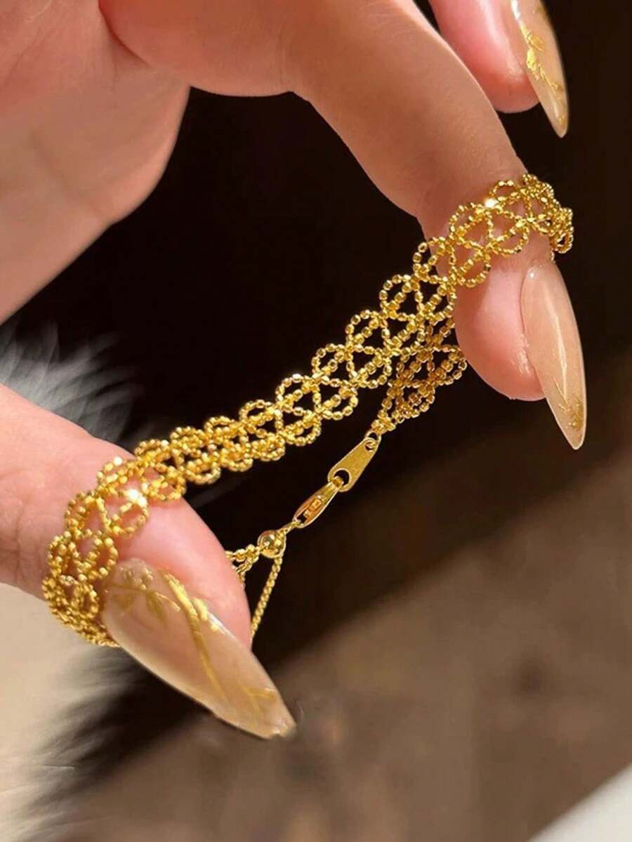 1件奢華優雅金色鋯石女款手鍊,方形鍍金可調節手鍊,派對禮物珠寶 - 金色 - 查看 1