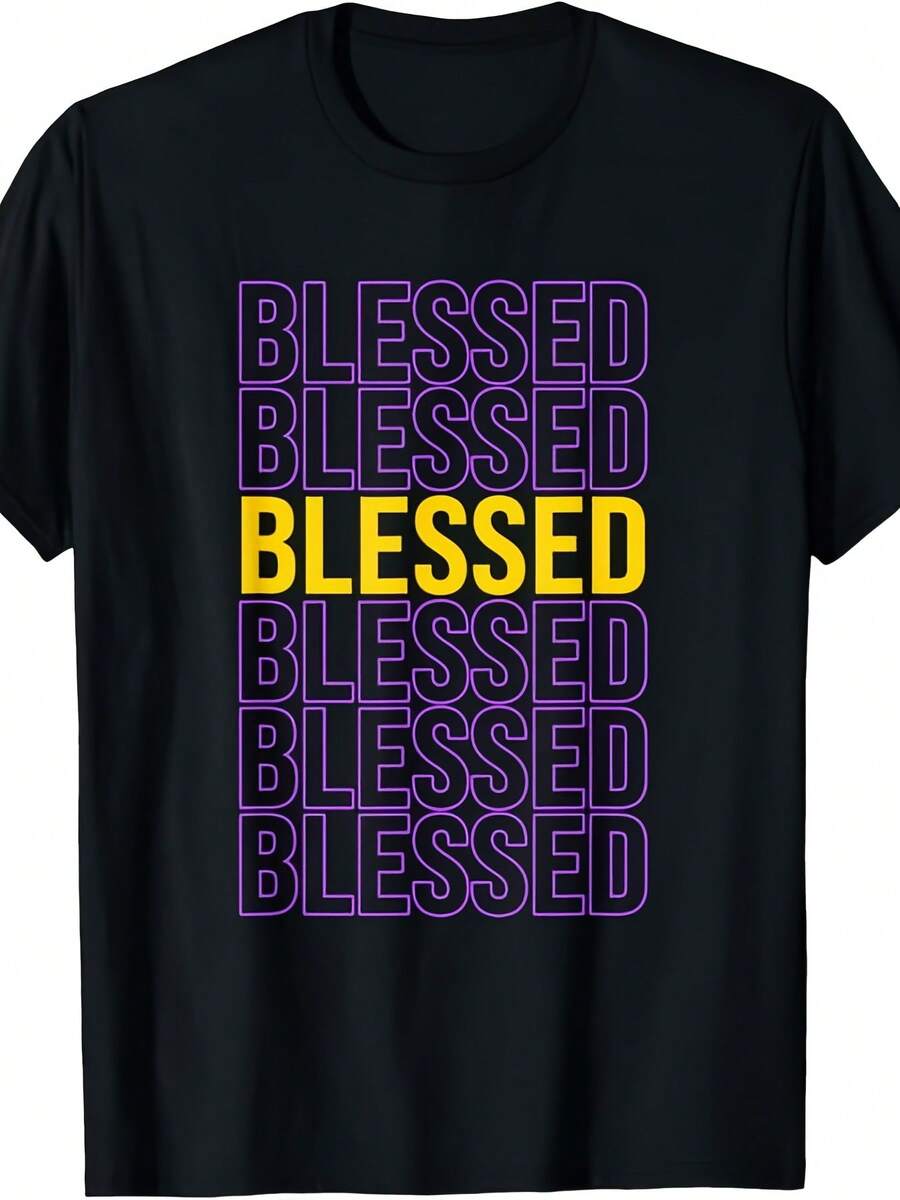 Creative And Fun Graphic T-Shirt In Purple And Gold - Blessed-Golden & Purple Design. Same Style For Men And Women. Short-Sleeved Printed T-Shirt For Summer 2026, Made Of Pure Cotton. - 黑色 - 查看 1
