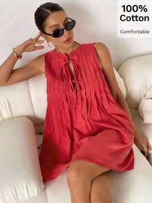 Vestido corto casual y sencillo sin mangas con lazo frontal de unicolor para mujer - Rojo - Ver 9