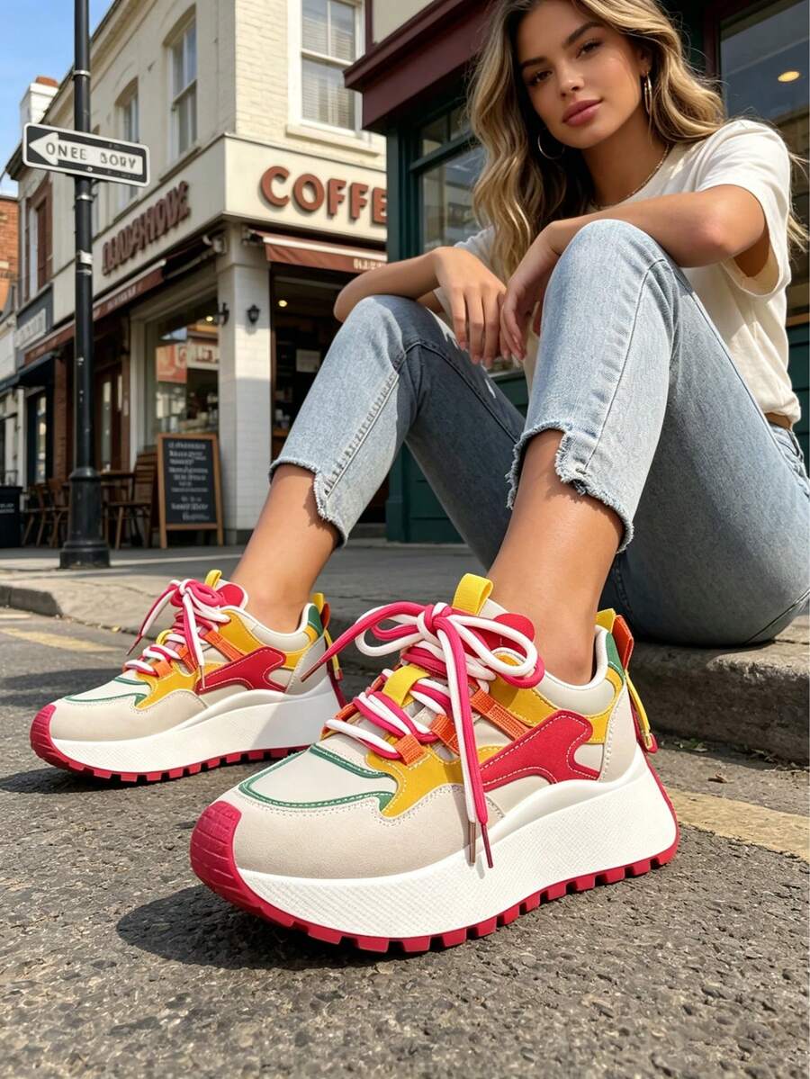 FZY Spring And Summer New Ladies Multi-Color Thick-Soled Sports Shoes - Korean Popular Multi-Functional Slimming And Height-Increasing Shoes - Macaroon Contrasting Color Casual Running Shoes - Soft Soles That Can Absorb Shock, Lightweight, Slip-Resistant, Elegant Ladies Shoes - Large Size Suitable For Wide Feet, No Foot Pain Tennis Shoes - Breathable And Not Hot Design, Suitable For All Seasons - Can Be Paired And Durable, Slip-Resistant Rubber Sole, Soft And Elastic, Long-Lasting And Not Tiring - Suitable For Daily Commuting, Outdoor Activities, Fitness, Running And Various Occasions - Makes Legs Look Longer And Not Heavy - Daily Casual Shoes For Students And Office Workers - Outdoor Hiking And Fitness Ladies Shoes - Ladies Fashionable Multi-Color Casual Basketball Shoes - Comfortable Ladies Shoes - Spring And Summer Breathable And Not Hot Multi-Functional Walking Shoes, Perfect Gift For Mother's Day And Valentine's Day - Đỏ - Xem 1