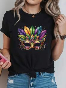 Women's Round Neck T-Shirt For Spring/Summer, Creative Design With Decorative Pattern Print Of Jewelry And Glamorous Carnival Masks - Black - View 1