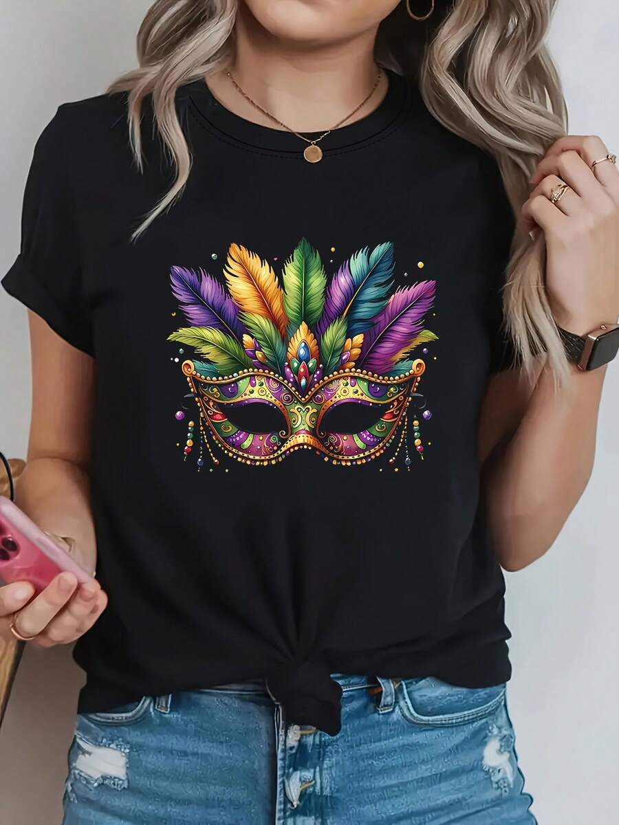 Women's Round Neck T-Shirt For Spring/Summer, Creative Design With Decorative Pattern Print Of Jewelry And Glamorous Carnival Masks - Black - View 1