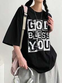 Women's Short-Sleeved T-Shirt, Round Neck, Loose Fit For Summer - 黑色 - 查看 2