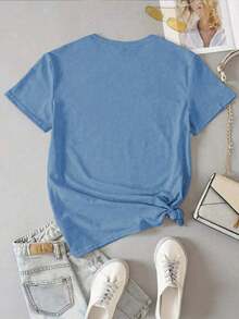 Camiseta Personalizada de Verano 2026, Top Azul Claro, Top Bordado con Ballena, Camiseta 100% Algodón, Camiseta Casual, Top Kawaii, Camiseta Minimalista, Camiseta de Manga Corta - Camiseta de Algodón Holgada de Manga Corta y Cuello Redondo Estilo Vintage Urbano - Azul - Ver 2