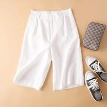 Pantalones Cortos Casuales de Lino y Algodón Ligero para Mujer, de Pierna Ancha, Cintura Alta, Largo Cinco Cuartos, Versátile... - Beis - Ver 3