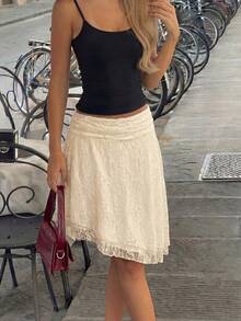 Women's French Retro White Heavy Lace High Waist Asymmetrical Ruffle Hem A-Line Midi Skirt, Spring/Summer - Apricot - View 4