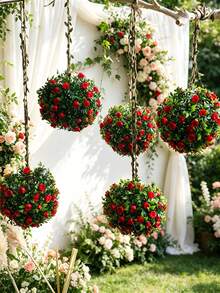 1pc Artificial Rose Flower Ball Hanging Planter, Decorative Faux Greenery With Jute Rope, Bohemian Style Indoor Hanging Decor, Suitable For Living Room, Bedroom, Garden, Farmhouse Home Decor, Indoor Planter, Elegant Flower Ball Hanging Ornament, Ideal For Wedding Or Party Decoration, Great For Balcony, Patio And Window Hanging - Style a - View 1