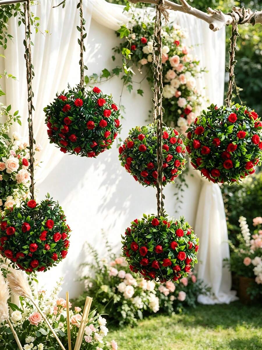 1pc Artificial Rose Flower Ball Hanging Planter, Decorative Faux Greenery With Jute Rope, Bohemian Style Indoor Hanging Decor, Suitable For Living Room, Bedroom, Garden, Farmhouse Home Decor, Indoor Planter, Elegant Flower Ball Hanging Ornament, Ideal For Wedding Or Party Decoration, Great For Balcony, Patio And Window Hanging - Style a - View 1