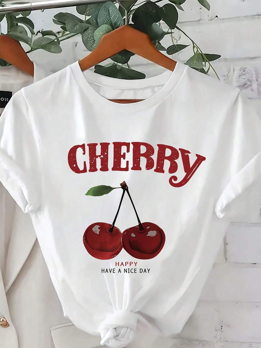 Camiseta con Estampado de Letras de Cereza, Manga Corta, Cuello Redondo, Top Casual de Verano y Primavera, Ropa de Mujer - Blanco - Ver 1