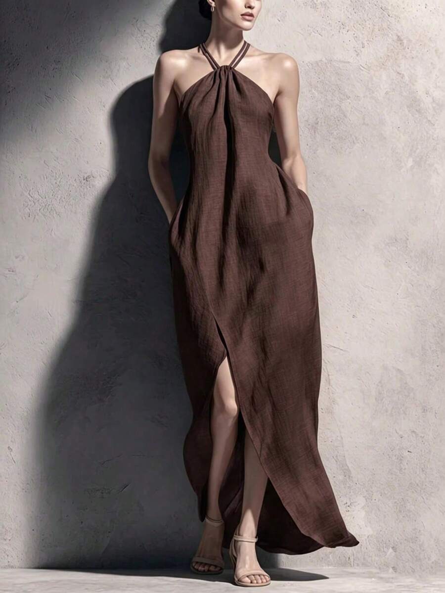 Nuevo vestido largo sin mangas para mujeres en primavera y verano - Marrón - Ver 1