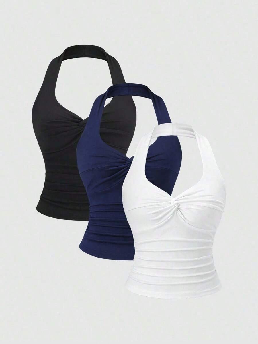 Camiseta de gasa con cuello trenzado y plisados, versátil y minimalista, estilo Y2K sexy - Multicolor - Ver 1