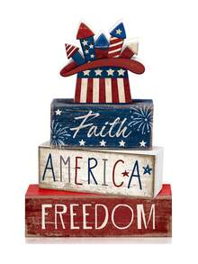 4pcs Patriotic Wooden Tiered Tray Decor, Suitable For July 4th Independence Day, Theme Of American Freedom, Red White Blue Color Tone, Independence Day Table Decor, Home Decor. Patriotic Anniversary Tiered Tray Decor, Suitable For Independence Day, Office Tiered Tray, Home Storage Rack, 250th Anniversary, Memorial Day, Veterans Day Party Decor, Home Decor, Party Supplies. - Multicolor - View 9