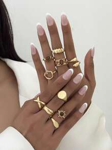 12pcs Vintage Geometric Baroque Pearl Inlaid Ring Set, Women's Chunky Metal Gold Color Rings, Suitable For Daily And Party Decoration, Gift Jewelry Set - Gold 1 - View 4