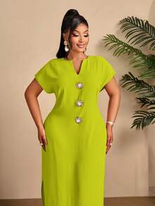BIUBIU Vestido largo elegante de verano para mujer talla grande, color verde, cuello en V, mangas cortas con volantes, detalle de abertura con lazo en la espalda, tejido de punto para un ajuste cómodo - fruta verde - Ver 5