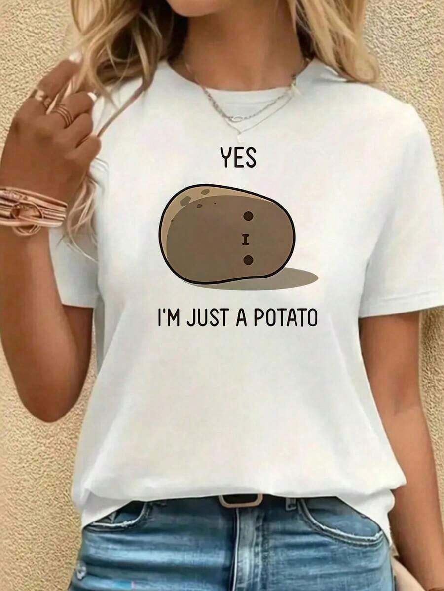 Playera Blanca Oversize con Gráfico Cómico de Papa y Frase: "Sí, solo soy una papa", Camiseta Estética de Meme de Humor Culinario/Casual, Blusa de Corte Holgado para Mujer - Negro - Ver 1