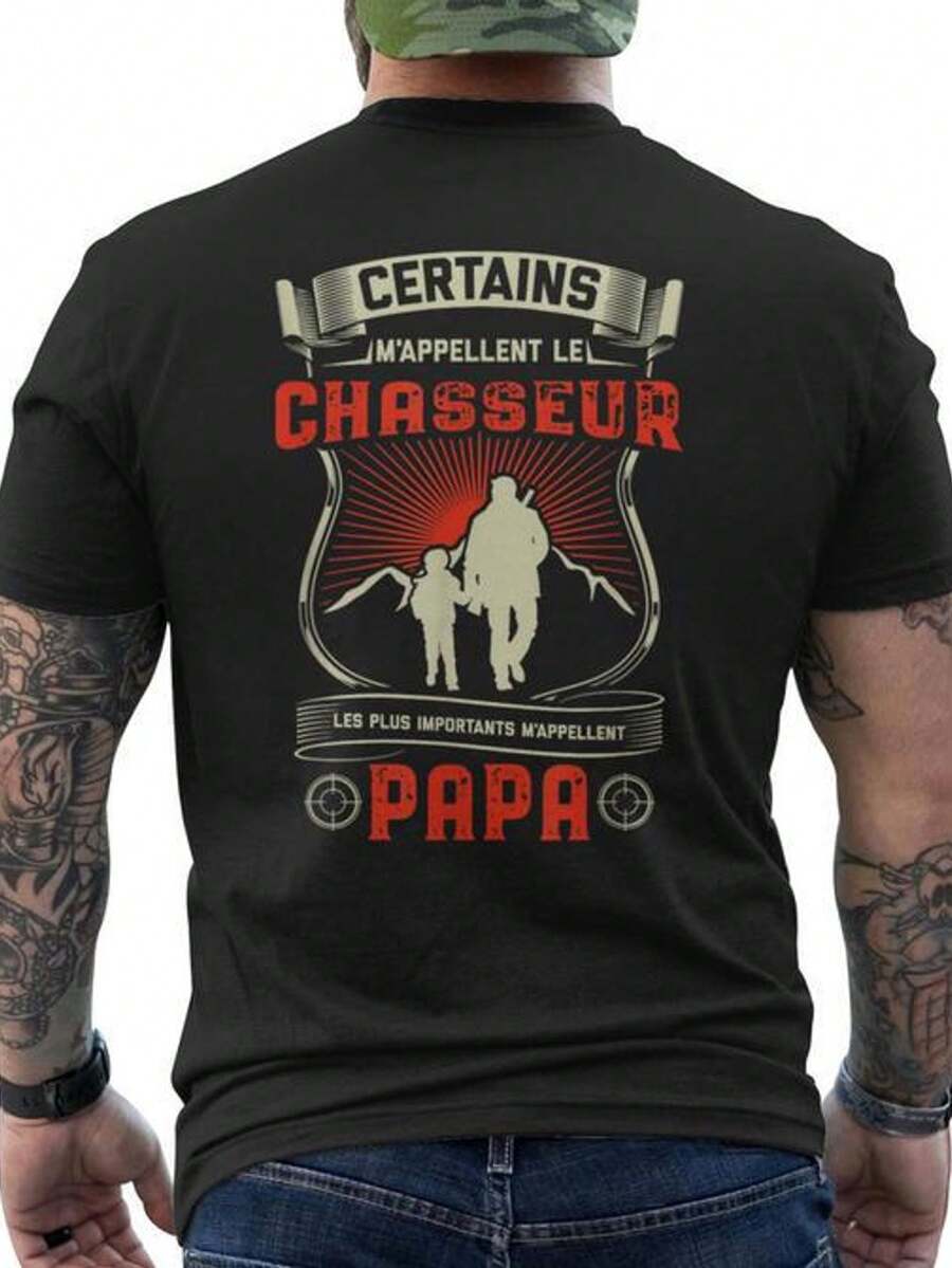 Men's Hunting T-Shirt - Back Print With French Hunting Slogan, Deer And Graphics - Casual Breathable Cotton Short Sleeve Crew Neck T-Shirt For Father's Day Gift, Hunting Season Clothing (Black) - Machine Washable T-Shirt For Hunting Enthusiasts, Comfortable Fabric, Durable Material, Loose And Comfortable For Summer. - Black - View 1