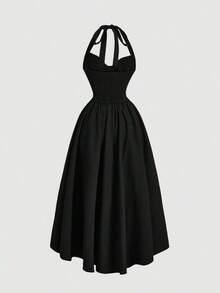 Vestido de mujer con cuello halter, fruncido y lazo, vestido de para mujeres, atuendo de Año Nuevo, vestido de baile deáscaras, atuendo de cumpleaños de mujer, vestido, vestido con lazo, vestido de princesa para Año Nuevo - Negro 2 - Ver 2