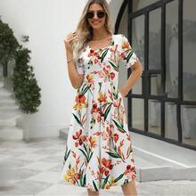 Vestido elegante con estampado y cuello redondo, manga corta y cremallera para mujer, nueva moda de verano 2024 para Europa y Estados Unidos. - Rosa - Ver 1