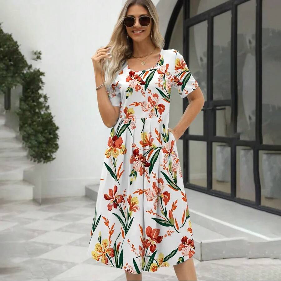 Vestido elegante con estampado y cuello redondo, manga corta y cremallera para mujer, nueva moda de verano 2024 para Europa y Estados Unidos. - Rosa - Ver 1
