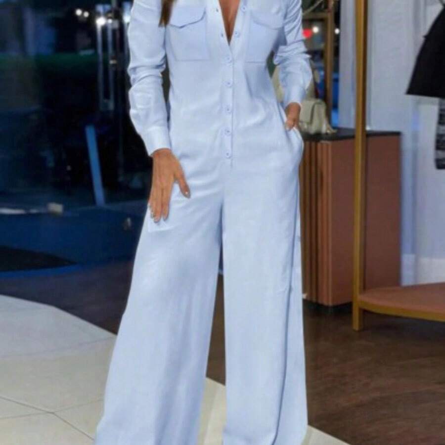Women's Solid Color Long Sleeve Fashionable Jumpsuit Suitable For Summer Fall Cloth For Women - Azul - Ver 1