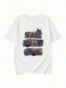 Playera negra para mujer cuello redondo corte holgado estilo japonés, manga corta con lindo estampado de gato caricatura, muy cómoda y versátil para primavera y verano, look juvenil super trendy ideal para uso diario y salidas relajadas. WATQ - Blanco - Ver 2