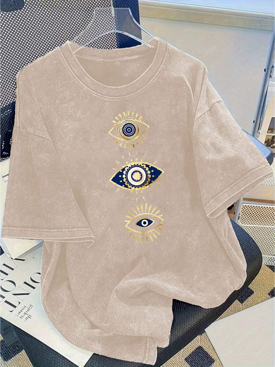 Fashionable Vintage Women's T-Shirt, Elegant And Exquisite, Made Of 100% Pure Cotton With A Heavy Wash Effect, Loose Fit And Short Sleeves, Creative Custom Design With The Mystical Y2K Symbol Of The Turkish Eye, American Casual Sporty Style, Ideal For Outdoor Travel, Gift. - 杏色 - 查看 1