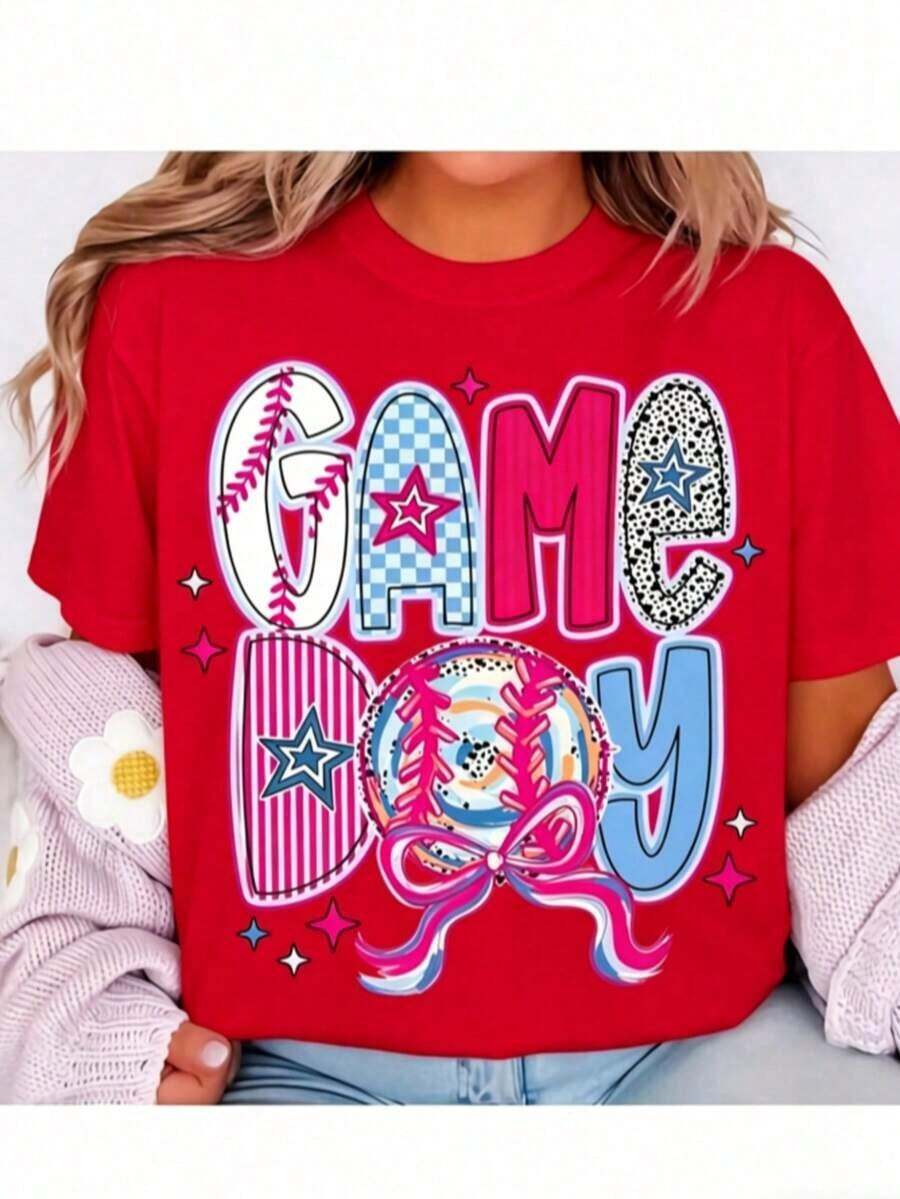 Women's Colorful Print T-Shirt For Game Day - Fun, Festive, And Casual With Unique Lettering Design And Softball Pattern, Perfect For Sporting Events And Game Day Celebrations, 100% Cotton - Red - View 1
