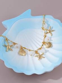 1 buah Gelang Pesona Bintang Laut, Kerang, dan Mutiara Gaya Laut, Cocok untuk Wanita, Pakaian Pesta Liburan Pantai (Produk Buatan Tangan, Warna dan Ukuran Mungkin Berbeda) - Yellow Gold - View 4