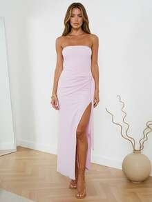 Women's Summer Strapless Dress High Split Side Drape Stylish Solid Color Backless Tube Long Dress - Pink - View 4