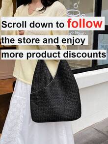 1pc Women's Solid Color Straw Shoulder Bag, Large Capacity, Fashion, Suitable For Commuting, Shopping, Vacation - Black - View 2