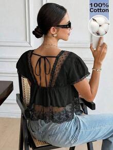 Blusa de mujer con cuello en V, manga corta y espalda con lazo, de encaje y parches, 100% algodón, estilo romántico francés, con diseño de espalda descubierta y mangas abullonadas, versátil para uso diario/casual, verano para mujeres, Día de San Valentín, Carnaval, vacaciones, blusa casual, top Y2K, blusa de encaje, blusa bohemia, top de encaje - Negro - Ver 1