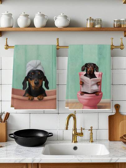 2 Khăn lau bếp in hình chó Dachshund trong bồn tắm và trên bồn cầu, khăn lau bát đĩa chủ đề phòng tắm ngộ nghĩnh, có thể dùng trong nhà bếp, lau khô tay, khăn lau chén đĩa, phù hợp với nhà bếp kiểu nông trại, nhà ở trong nhà.
