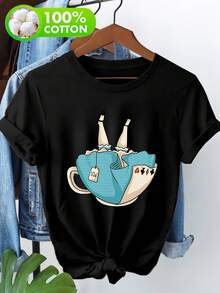 A 100% Pure Cotton Outdoor Themed T-Shirt Designed For Women, Short Sleeved, Featuring A Playful Alice In A Teacup And Poker Cards Motif, Perfect For A Casual Look - T-Shirt Damen - Black - View 7