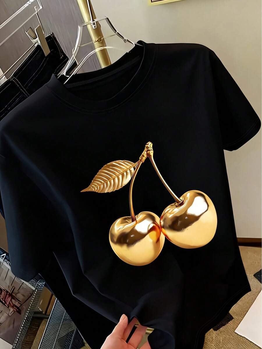 Women's Short-Sleeved T-Shirt With Cherry Print, Casual Top, Stylish And Versatile For Everyday Wear. | Comfortable And Soft Fabric | EXEY Women's T-Shirts For Spring And Summer - 黑色 - 查看 1
