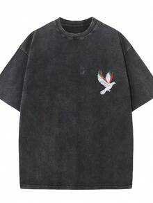 Camiseta unisex vintage de algodón suelto de manga corta y cuello redondo - Negra lavada suave con un sencillo diseño de paloma, adecuada tanto para uso casual como formal, moda unisex, tela cómoda, top de estilo urbano a la moda. - Negro - Ver 3