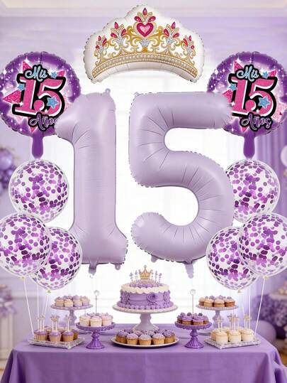 10pcs 15th Birthday Party Decorations, 40-Inch Light Purple Number Foil Balloons, Crown & Clock Shaped Balloons, 12-Inch Purple Sequin Transparent Latex Balloons, Suitable For Birthday Party, Adult Party Decorations
