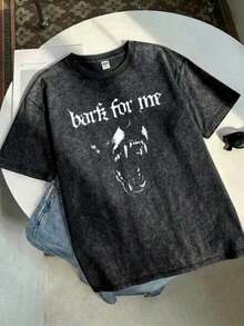 Camiseta de manga corta lavada con estampado Bark For Me Wolf, 100% algodón, cómoda, estilo retro, versátil, ropa de mujer Y2K, adecuada para uso diario, regalo personalizado. - Negro - Ver 2