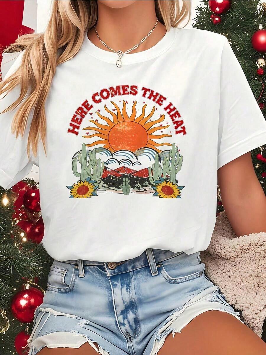 1 pieza de camiseta blanca para mujer con estampado de cactus y montaña, cuello redondo, camiseta casual de algodón, tejido de punto de elasticidad media, corte regular para damas, para primavera/verano/otoño, 180g 100% algodón. - Blanco - Ver 1