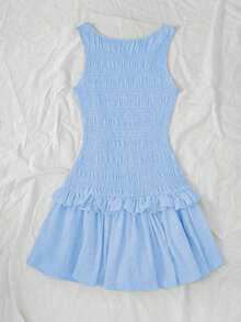 Vestido corto con volantes color albaricoque - Azul - Ver 2
