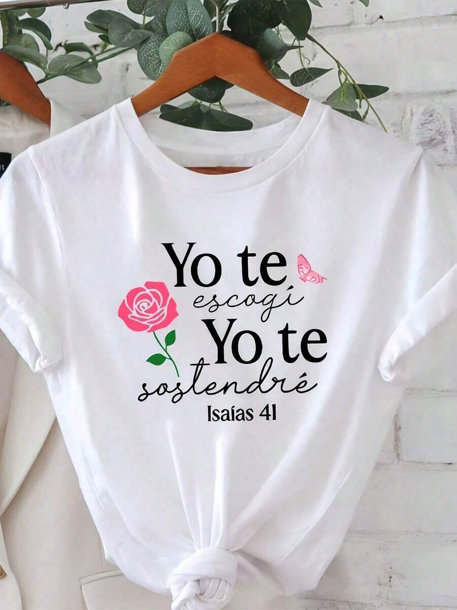 Camiseta de manga corta para mujer con cuello redondo, estampado de texto en español "Yo Te Escogí Yo Te Sostené Isaías 41", estilo casual, para compras, regalo de festival, reuniones de amigos, ocio, primavera y verano. - Blanco - Ver 1