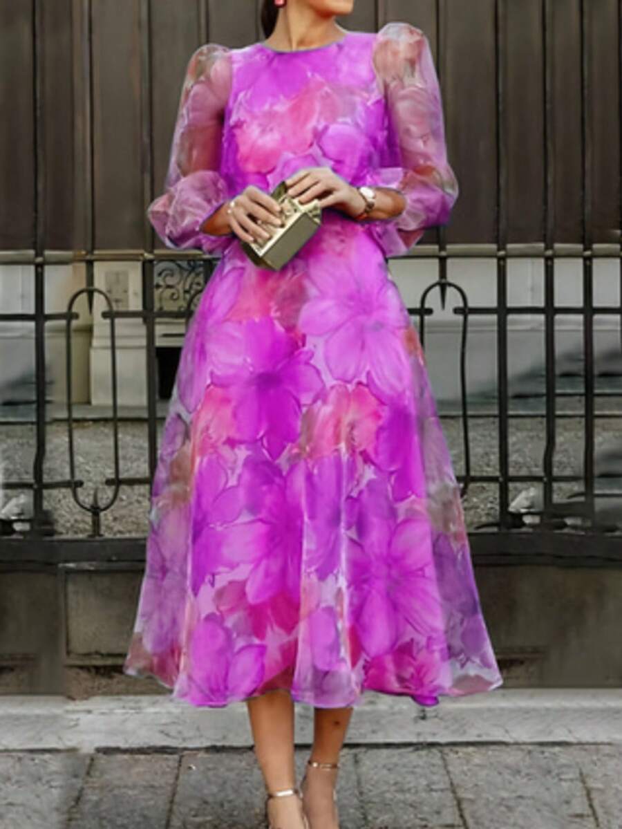 Spring Summer Blue Purple Floral Print Midi Dress Elegant Puff Sleeve Chiffon A Line Flowy Vacation Party Cocktail Dress - Màu Hồng Tươi - Xem 1