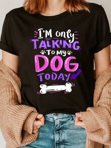 Elegante Camiseta para Uso Diario - Un regalo para amantes de los perros. Camiseta de algodón con estampado de letras, de manga corta y cuello redondo, informal para verano y primavera, ropa de mujer, camiseta chic y a la moda. - Negro - Ver 8