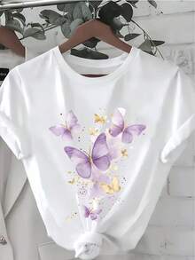Women's Short-Sleeved Cotton T-Shirt, Bright Purple Butterfly Print, Fashionable Casual Style, Summer Fit, Round Neck, Economical And Affordable Women's T-Shirt. - 白色 - 查看 1