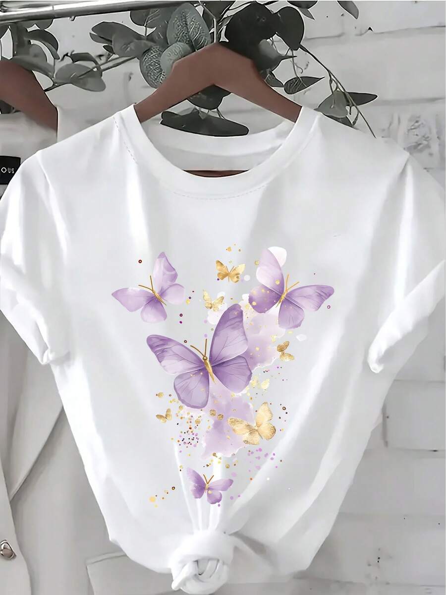 Women's Short-Sleeved Cotton T-Shirt, Bright Purple Butterfly Print, Fashionable Casual Style, Summer Fit, Round Neck, Economical And Affordable Women's T-Shirt. - 白色 - 查看 1
