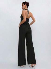Conjunto de top halter y pantalones de color café claro, estilo sencillo para ir al trabajo - Negro - Ver 2