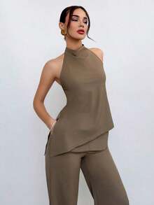 Conjunto de top halter y pantalones de color café claro, estilo sencillo para ir al trabajo - Café integral - Ver 7