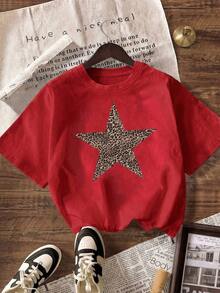 Camiseta de manga corta con cuello redondo con estampado de leopardo y estrella para mujer, casual de verano - Rojo - Ver 5